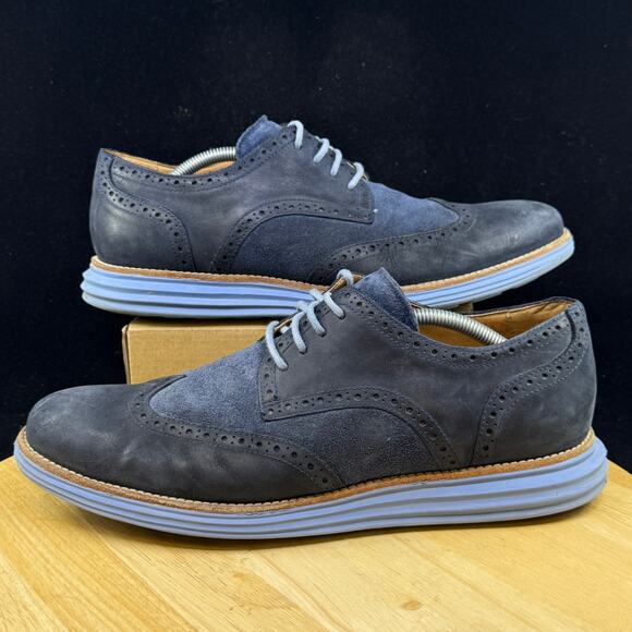 Cole Haan Mens Lunargrand Blue Suede Shoes Size 11 Wingtip Oxford - Picture 1 of 10